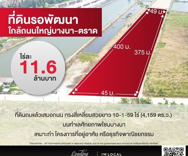 รหัสทรัพย์ 12 ขายที่ดิน ต.บ้านระกาศ อ.บางบ่อ จ.สมุทรปราการ 10-1-59 ไร่ ใกล้ถนนใหญ่บางนา-ตราด