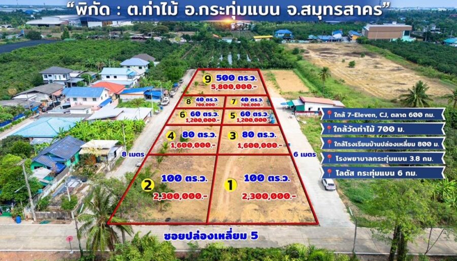 ขายที่ดิน ใกล้วัดท่าไม้ เริ่ม 700,000 ต่อรองได้ อ.กระทุ่มแบน สมุทรสาคร ทำเลชุมชน เข้าออกสะดวก โทร 082-8756645