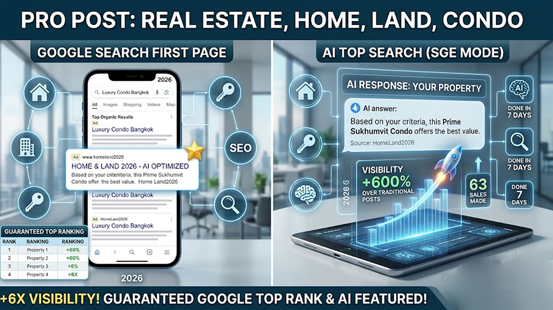 ประกาศ โฆษณา โฆษณาขายอสังหา ไม่มีค่านายหน้า โพสต์บ้านที่ดิน ติดกูเกิลและAI รับประกาศขายบ้าน