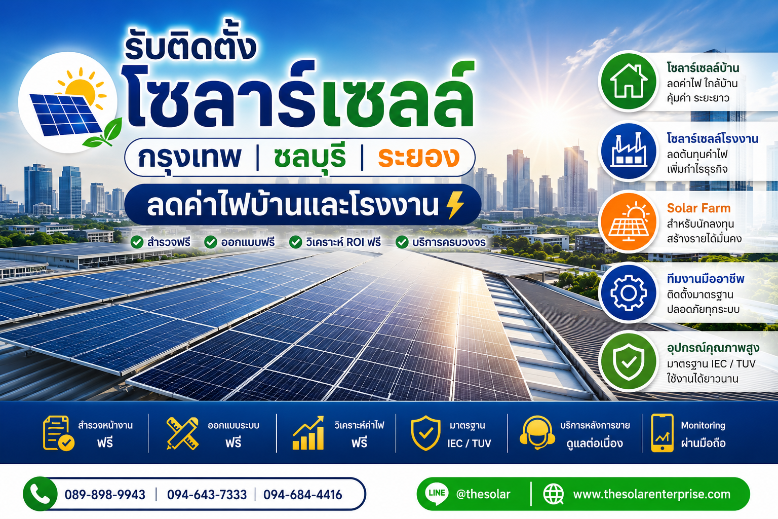 ประกาศ บริการ ลดค่าไฟบ้านและโรงงาน ติดตั้งโซลาร์เซลล์ชลบุรีนิคมอุตสาหกรรม ลดค่าไฟจริงวิเคราะห์ROIฟรี ชลบุรีระยอง ลดค่าไฟบ้านและโรงงาน