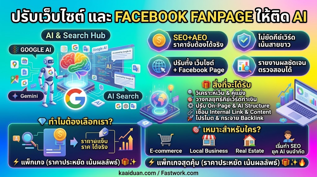 ประกาศ รับจ้าง แต่งเว็บ&ปรับแฟนเพจ ให้ติดGoogle ติดAISearch ปรับโครงสร้างเว็บและแฟนเพจ 2026